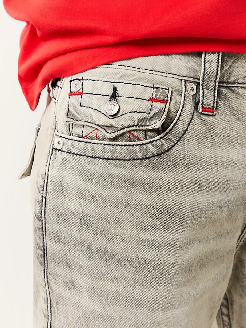 True Religion Men's Ricky Straight Single Needle Frayed Flap Denim Shorts 12 in