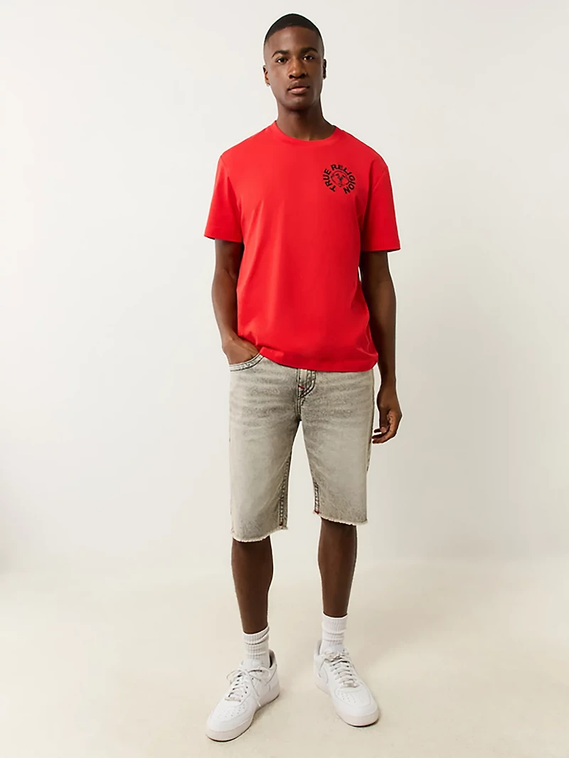 True Religion Men's Ricky Straight Single Needle Frayed Flap Denim Shorts 12 in