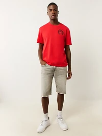 True Religion Men's Ricky Straight Single Needle Frayed Flap Denim Shorts 12 in