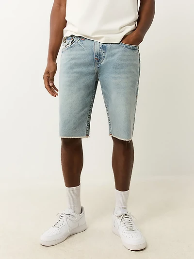 True Religion Men's Ricky Single Needle Frayed Flap Denim Shorts 12 in