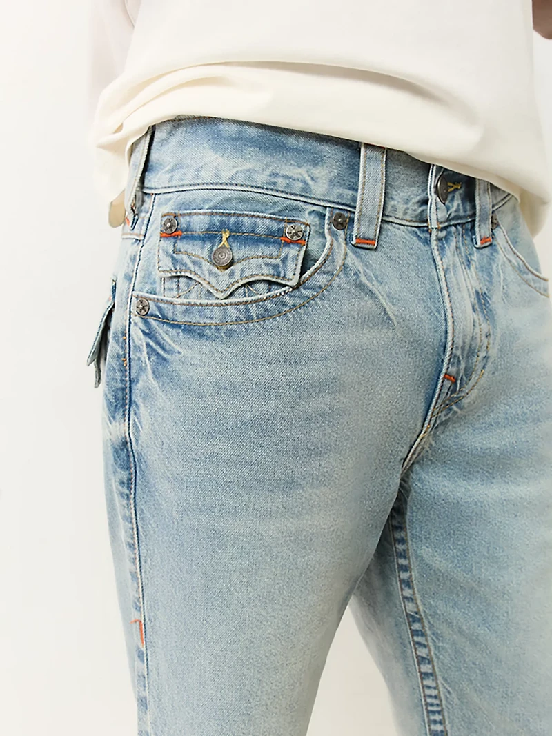 True Religion Men's Ricky Single Needle Frayed Flap Denim Shorts 12 in