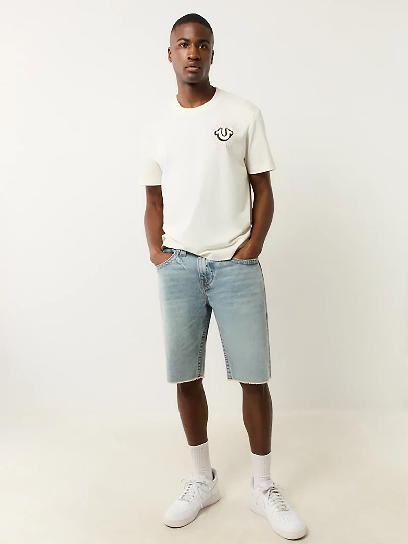 True Religion Men's Ricky Single Needle Frayed Flap Denim Shorts 12 in