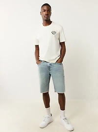 True Religion Men's Ricky Single Needle Frayed Flap Denim Shorts 12 in