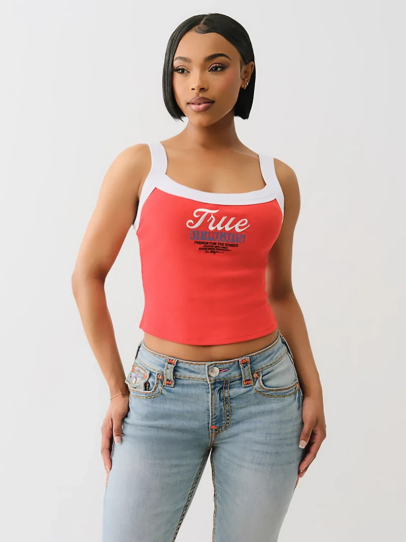 True Religion Women's Embroidered Cropped Ringer Graphic Tank Top