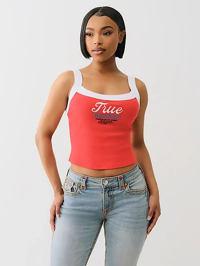 True Religion Women's Embroidered Cropped Ringer Graphic Tank Top