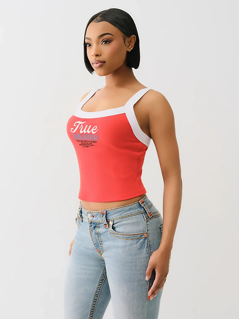 True Religion Women's Embroidered Cropped Ringer Graphic Tank Top