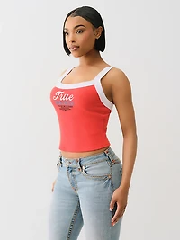 True Religion Women's Embroidered Cropped Ringer Graphic Tank Top