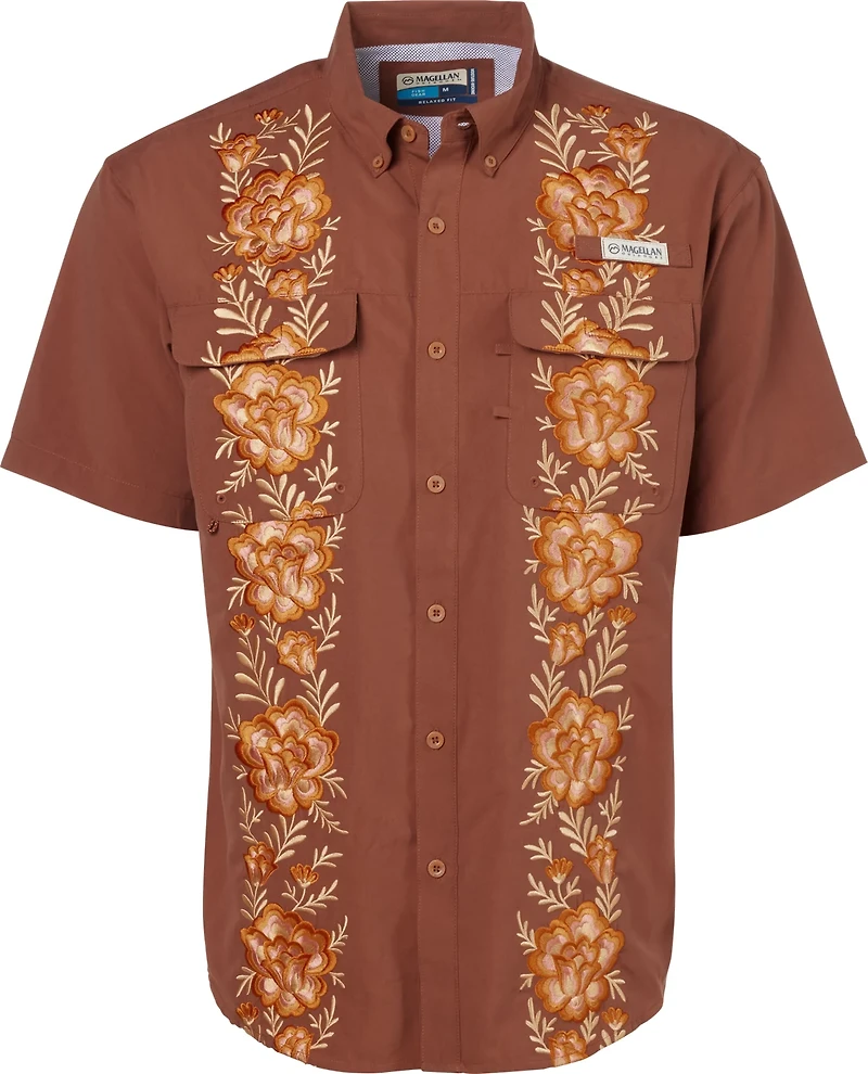 Magellan Outdoors Men's Hispanic Heritage Flores Marron Guayabera Shirt