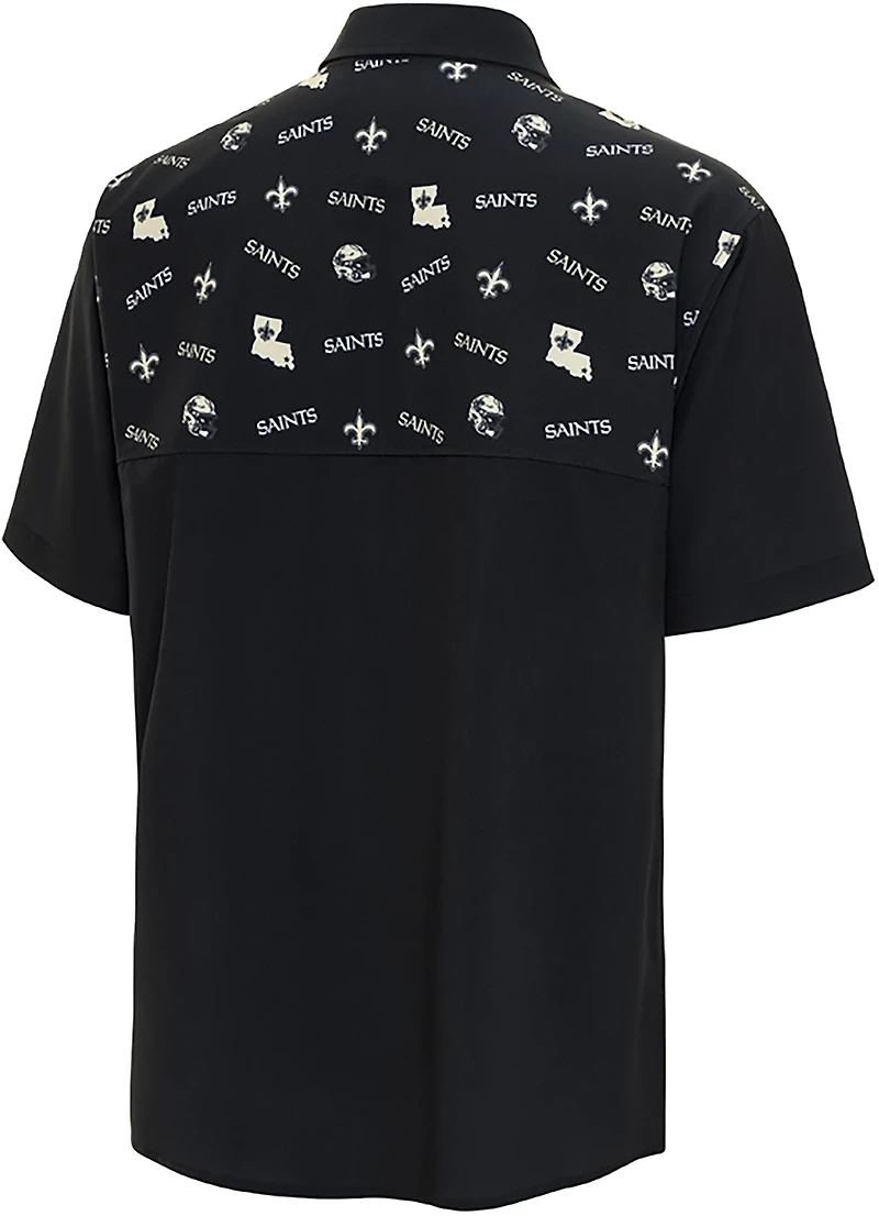 Antigua Men's New Orleans Saints Gameday Scatter Print Fishing Shirt