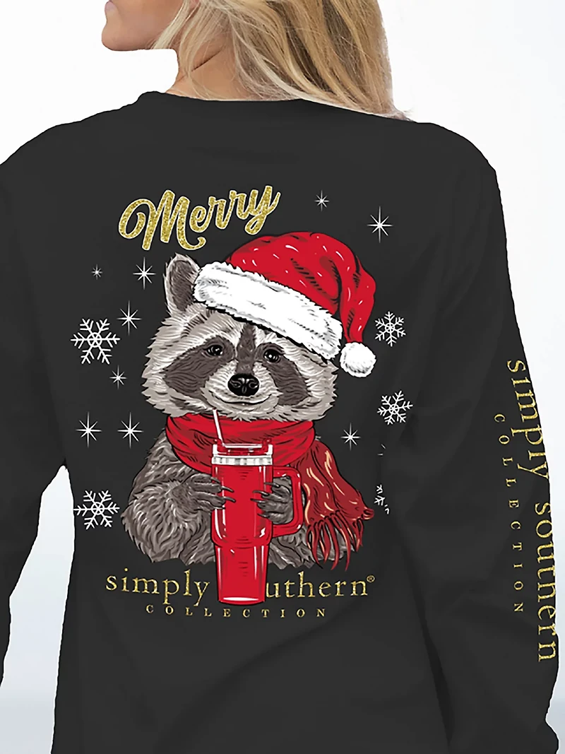 Simply Southern Girls' Merry Raccoon Long Sleeve T-shirt