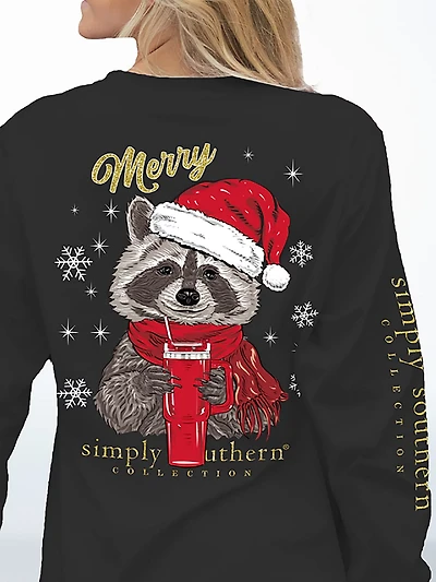 Simply Southern Girls' Merry Raccoon Long Sleeve T-shirt