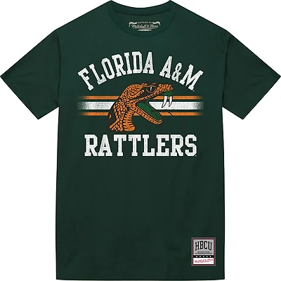 Mitchell & Ness Men's Florida A&M Rattlers School Arch Mascot Vintage Stripe Short Sleeve T-shirt