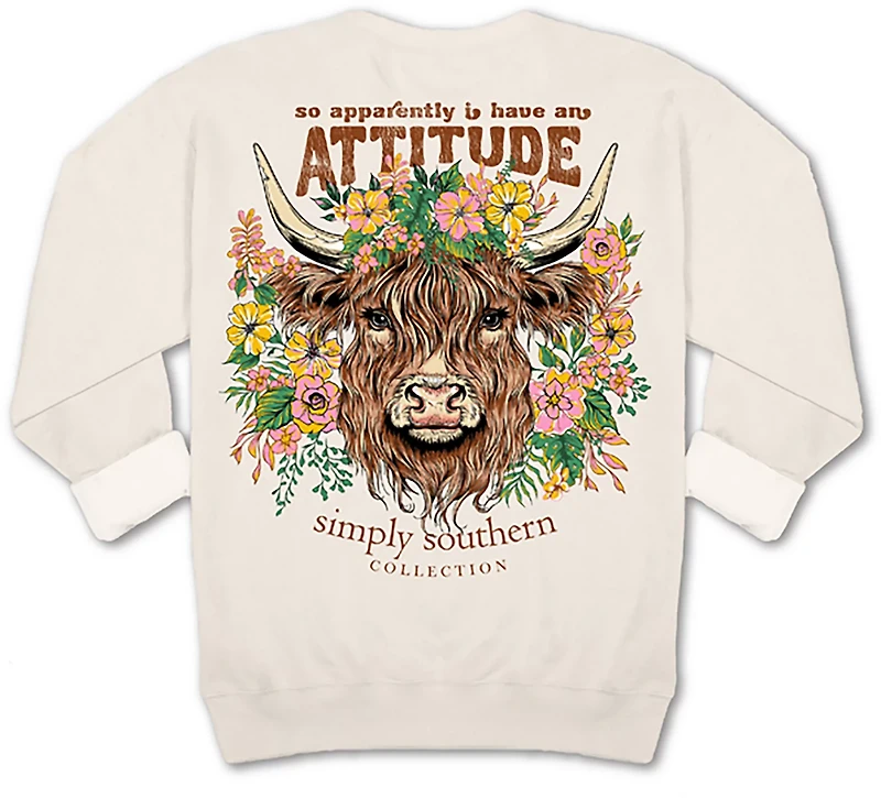 Simply Southern Women's Attitude Cow Fleece Crew Sweater