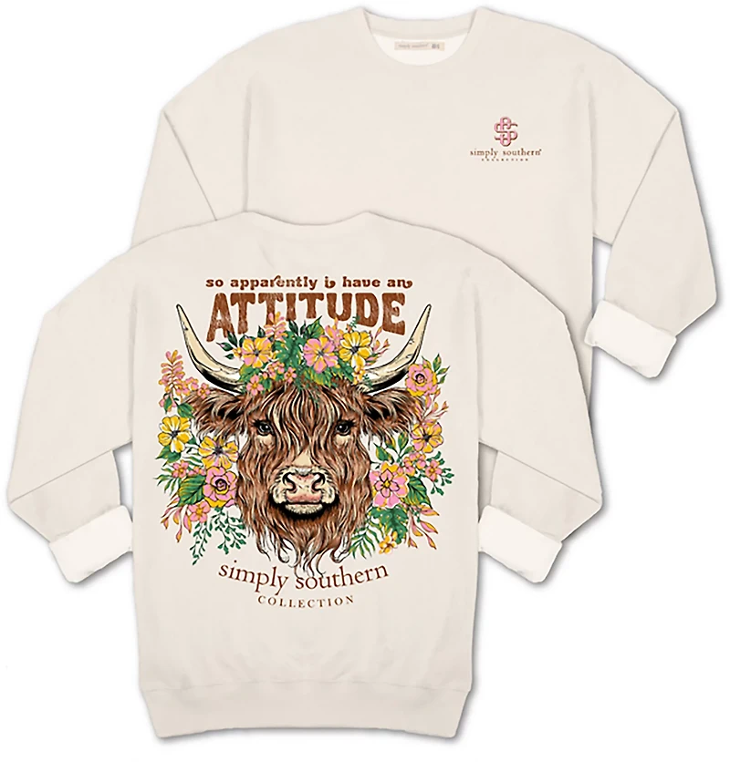 Simply Southern Women's Attitude Cow Fleece Crew Sweater