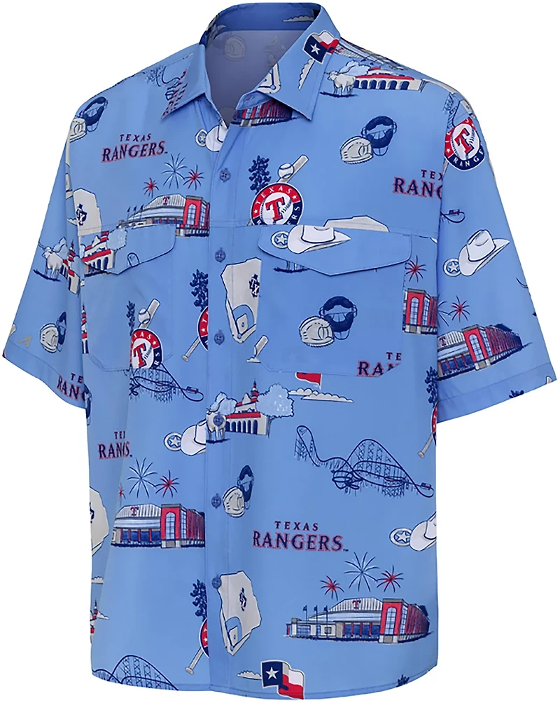 Antigua Men's Texas Rangers Landmark Woven Short Sleeve Fishing Shirt