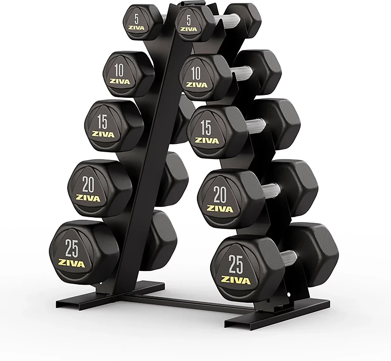 ZIVA 150 lb Hexagon Dumbbell Set with Rack