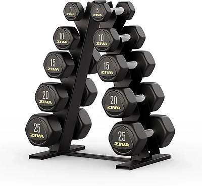 ZIVA 150 lb Hexagon Dumbbell Set with Rack
