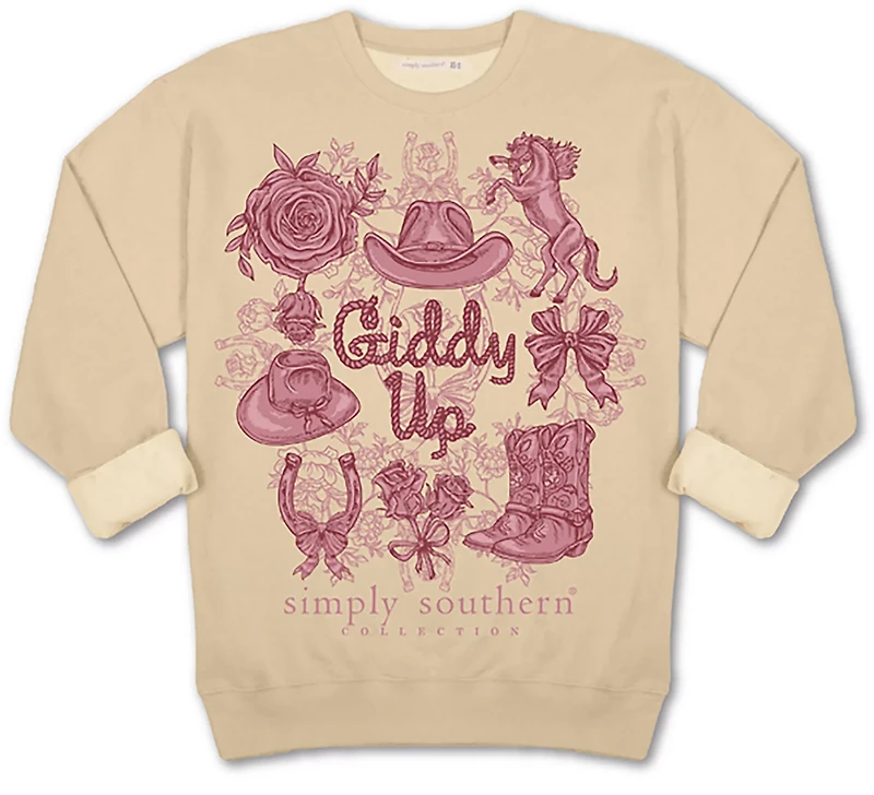 Simply Southern Girls' Giddy Up Sand Crewneck Sweater