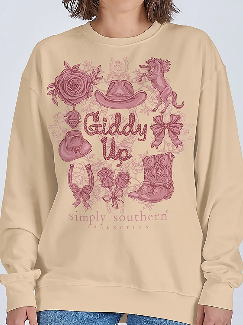 Simply Southern Girls' Giddy Up Sand Crewneck Sweater