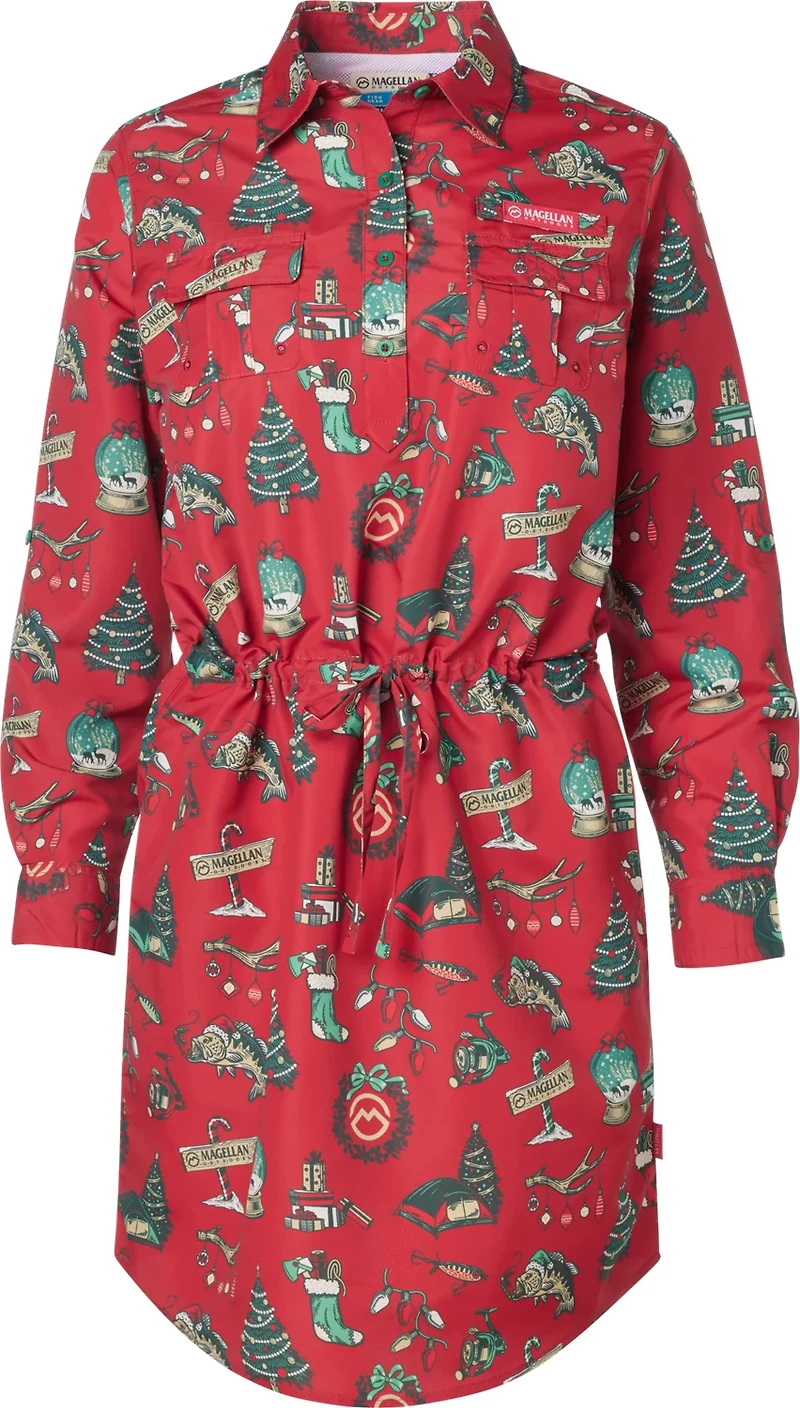 Magellan Outdoors Women's Laguna Madre Holiday Illustrations Long Sleeve Dress