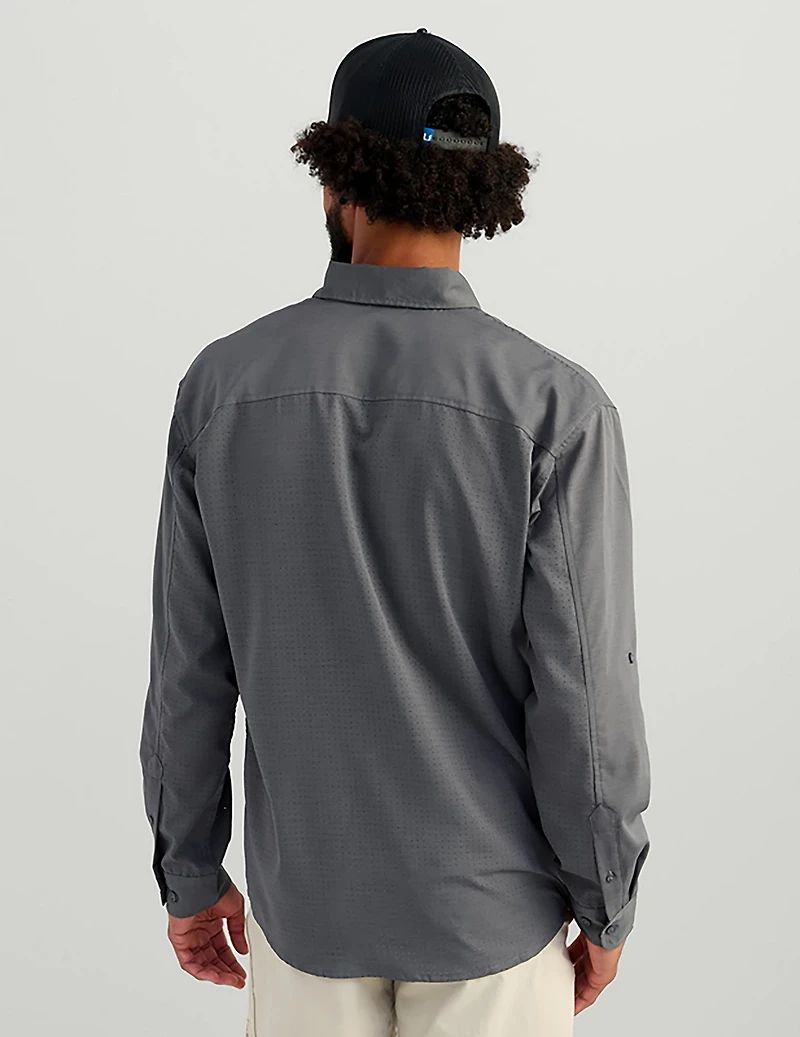 Huk Men's Tidepoint Heathered Ripstop Long Sleeve Button Up Shirt