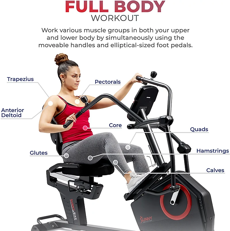Sunny Health & Fitness Smart Recumbent Cross Trainer Elliptical Exercise Bike