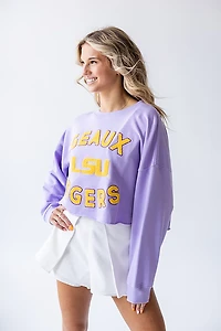 Gameday Social Women's Louisiana State University Tigers Perkins Chenille Slogan Cropped Long Sleeve Crew T-shirt
