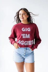 Gameday Social Women's Texas A&M Aggies Perkins Chenille Slogan Cropped Long Sleeve Crew T-shirt