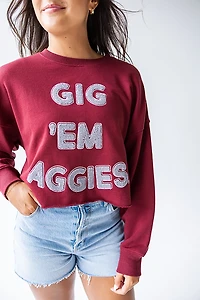 Gameday Social Women's Texas A&M Aggies Perkins Chenille Slogan Cropped Long Sleeve Crew T-shirt