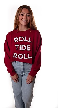 Gameday Social Women's University of Alabama Crimson Tide Perkins Chenille Slogan Cropped Long Sleeve Crew T-shirt