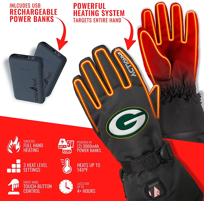 ActionHeat Adults' Green Bay Packers 5V Heated Winter Gloves