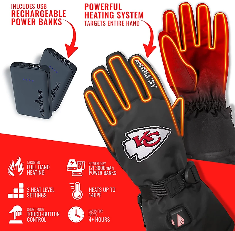 ActionHeat Adults' Kansas City Chiefs 5V Heated Winter Gloves
