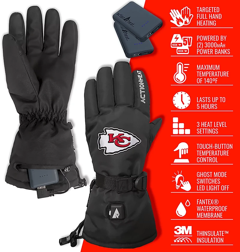 ActionHeat Adults' Kansas City Chiefs 5V Heated Winter Gloves