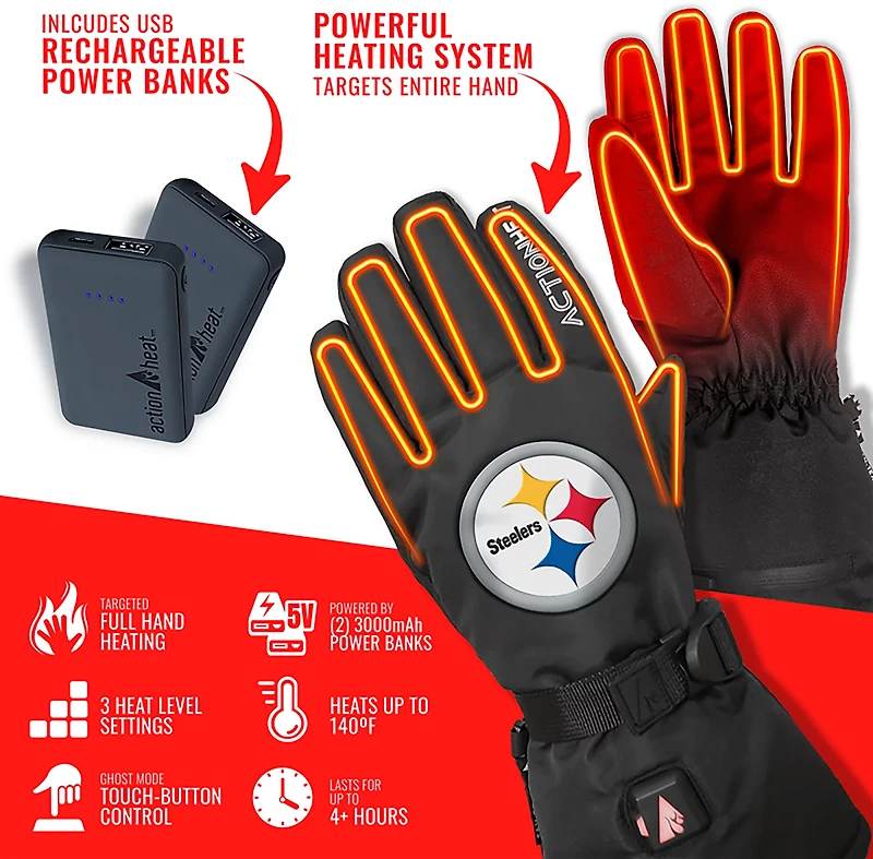 ActionHeat Adults' Pittsburgh Steelers 5V Heated Winter Gloves