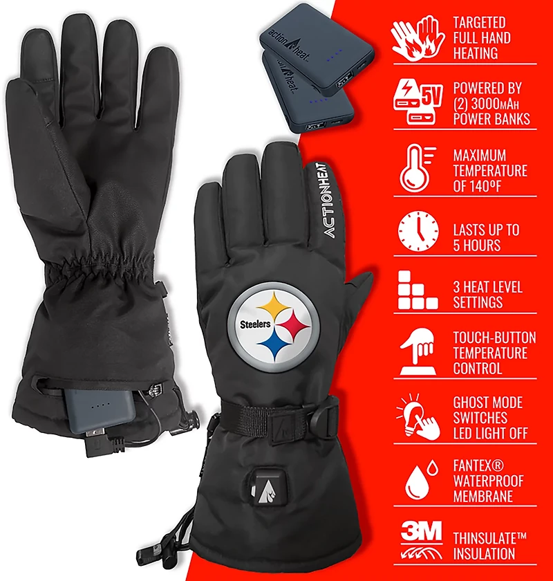 ActionHeat Adults' Pittsburgh Steelers 5V Heated Winter Gloves