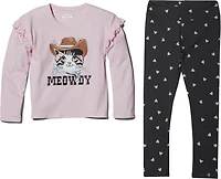 BCG Girls' Toddler Ruffle Meowdy Long Sleeve 2-Piece Pajamas Set