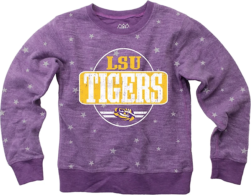 Wes & Willy Girls' LSU Shimmer Star Reverse Fleece Crew Sweatshirt