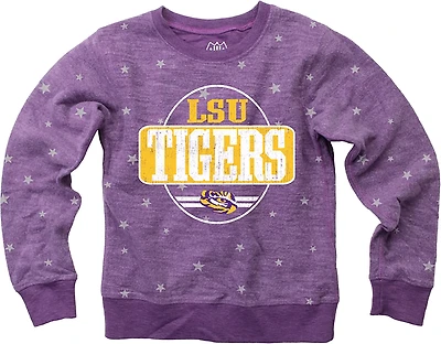 Wes & Willy Girls' LSU Shimmer Star Reverse Fleece Crew Sweatshirt