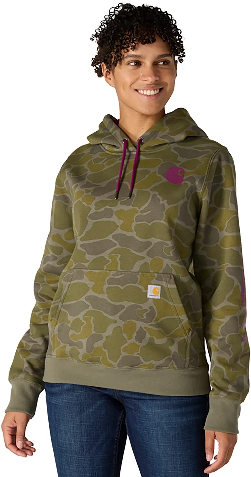 Carhartt Women's Relaxed Fit Midweight Logo Sleeve Graphic Camo Sweatshirt