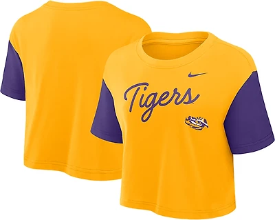 Nike Women's LSU Color-Block Script Performance Cropped T-shirt