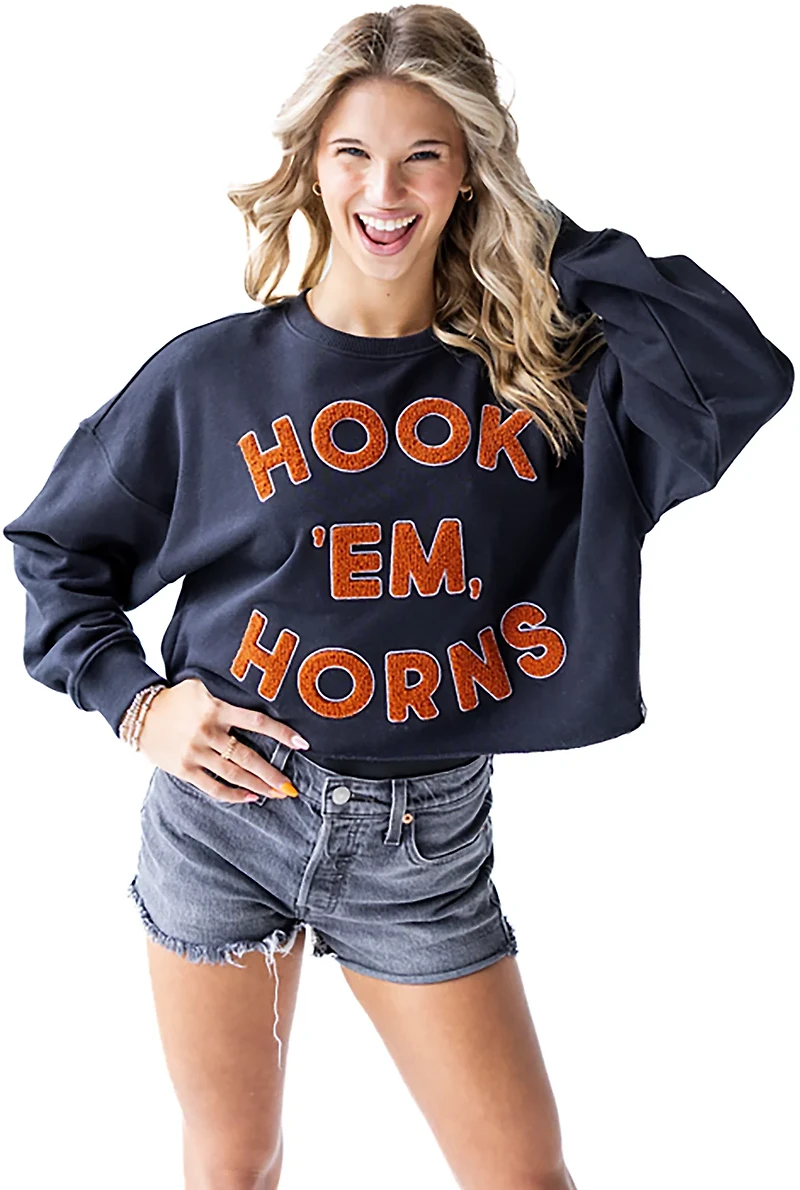 Gameday Social Women's University of Texas Longhorns Perkins Chenille Slogan Cropped Long Sleeve Crew T-shirt