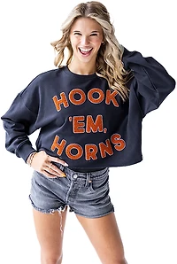 Gameday Social Women's University of Texas Longhorns Perkins Chenille Slogan Cropped Long Sleeve Crew T-shirt