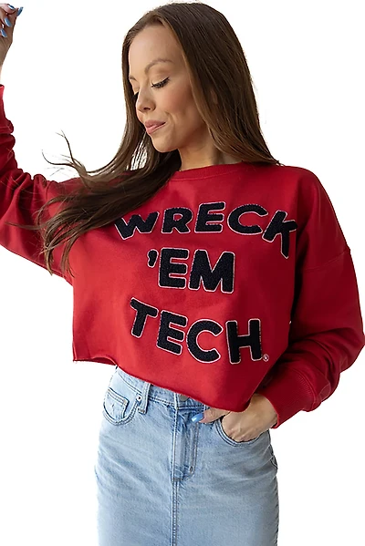 Gameday Social Women's Texas Tech Red Raiders Perkins Chenille Slogan Cropped Long Sleeve Crew T-shirt