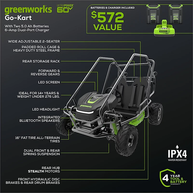 Greenworks Youth 60V Gen 2 STEALTH Series All-Terrain 2-Seat Electric Go-Kart