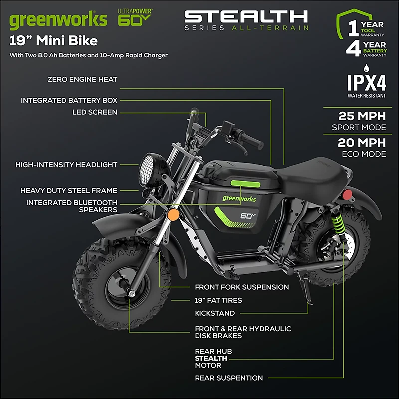 Greenworks Kids’ STEALTH 60V Mini Bike