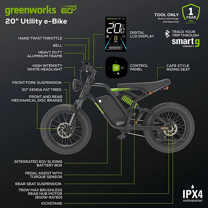 Greenworks Adults’ 60V VENTURE Series 20 in Fat Tire Electric Utility Bike