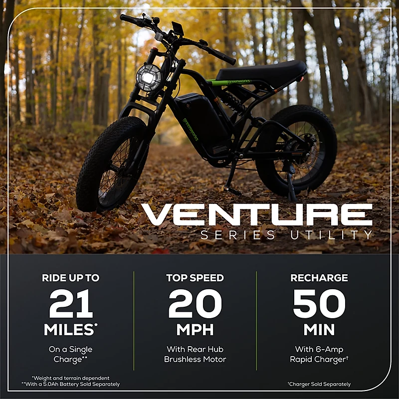 Greenworks Adults’ 60V VENTURE Series 20 in Fat Tire Electric Utility Bike