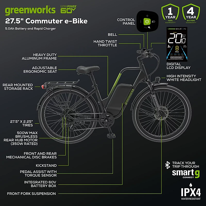 Greenworks 60V 27.5 in Commuter E-Bike 5Ah Battery