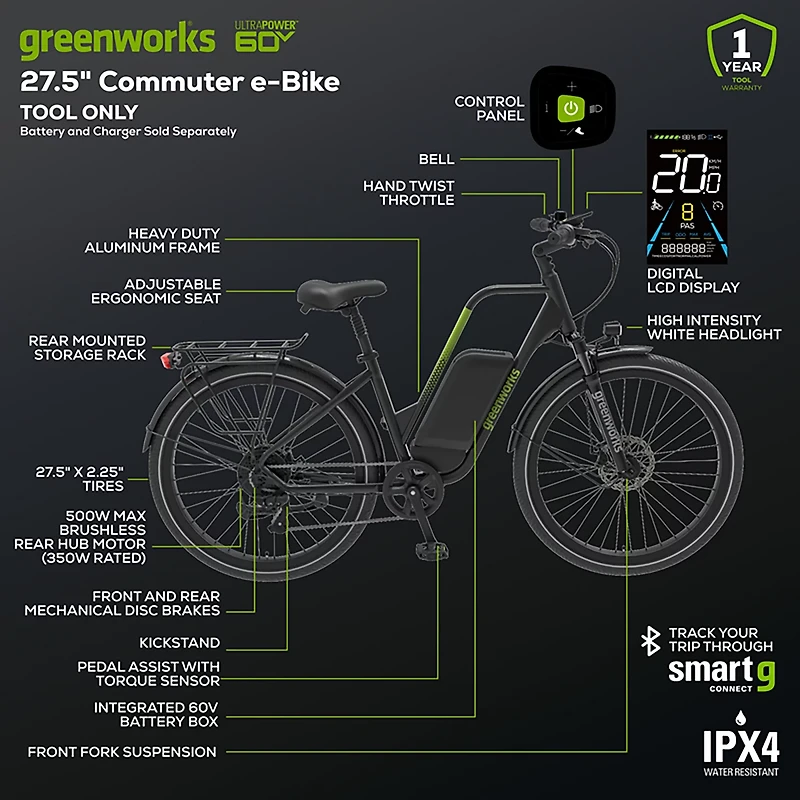 Greenworks Adults’ 60V VENTURE Series 27.5 in Electric Commuter Bike