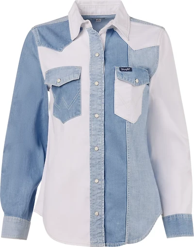 Wrangler Women's Boyfriend Snap Denim Colorblock Long Sleeve Button-Up Shirt